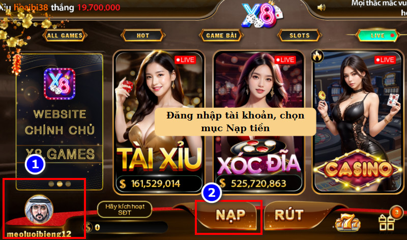 Đăng nhập tài khoản, chọn mục Nạp tiền